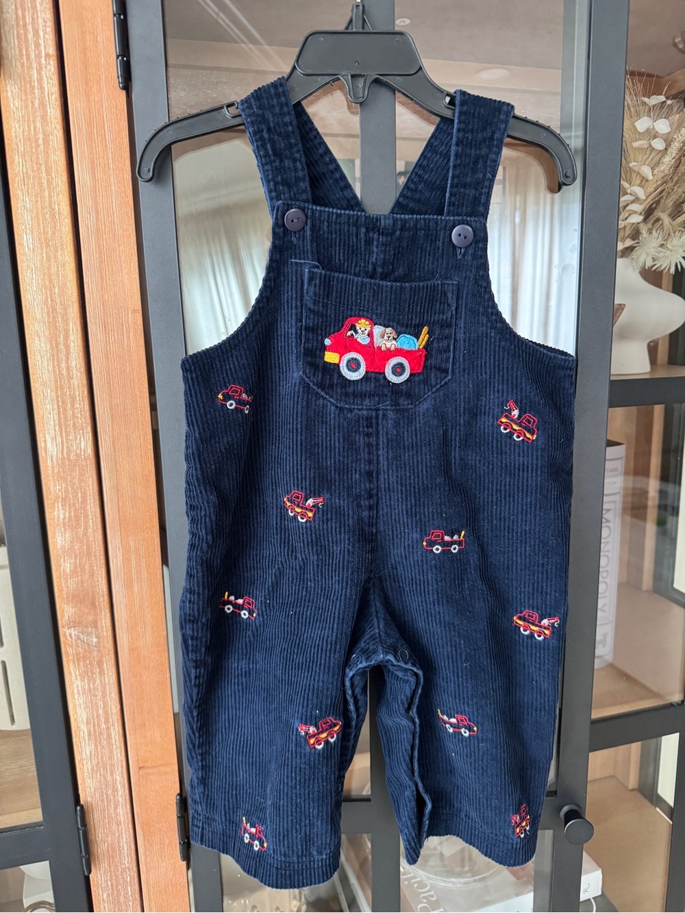 Vintage embroidered baby overalls corduroy navy fire trucks puppy dogs boy